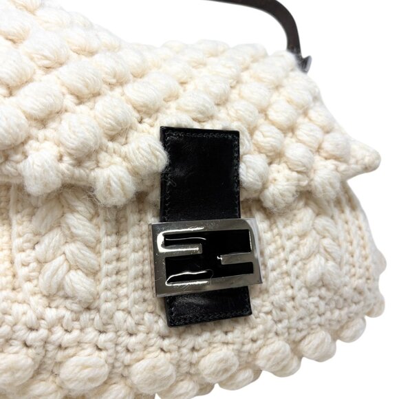 FENDI Vintage FF Logo Knit Mamma Baguette Shoulder Bag Wool Leather [106220] - Picture 10 of 15